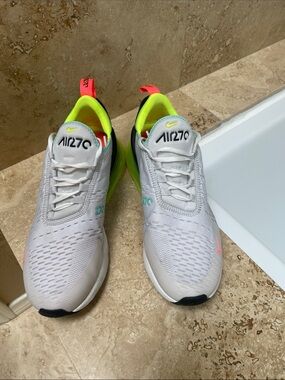 Nike Air270 Athletic Shoes in White with Neon Green & Coral Accents